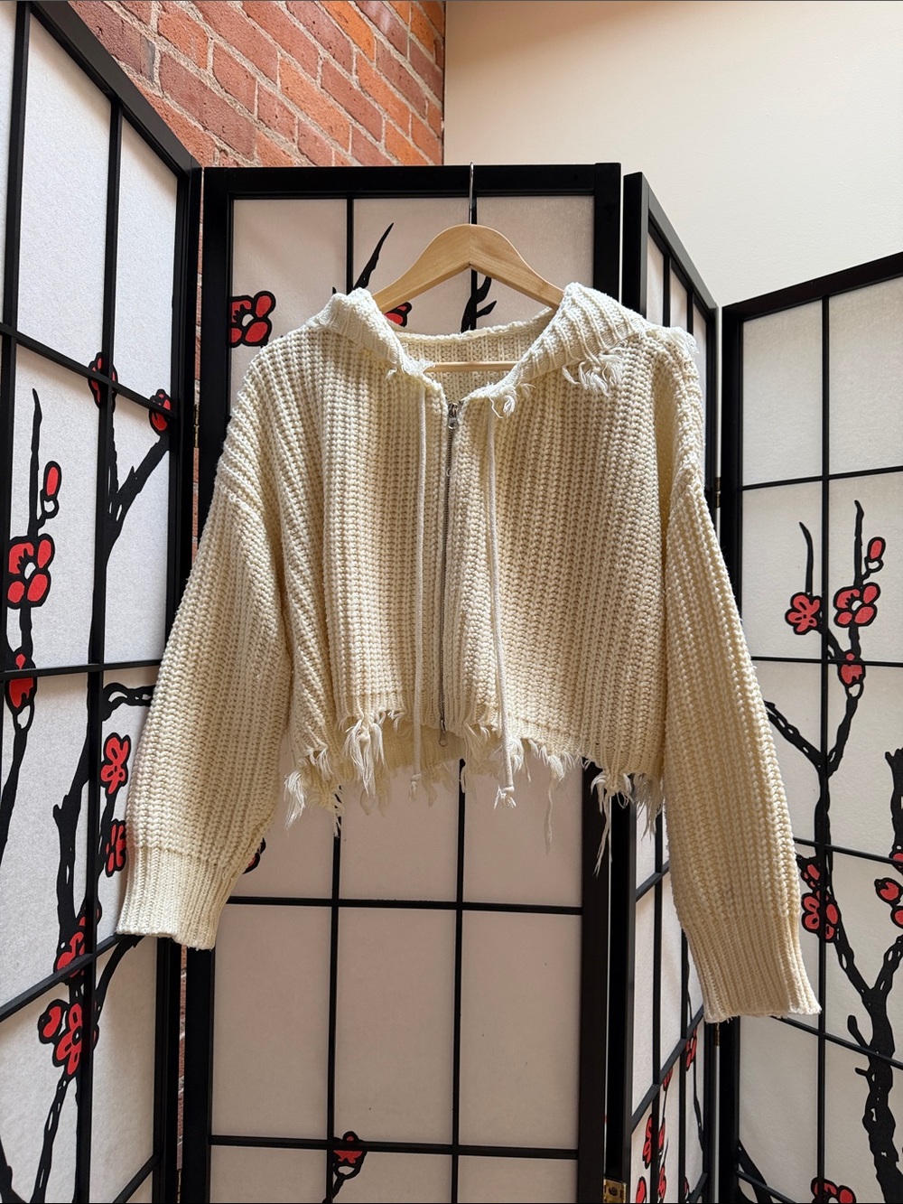 Cropped Cream Distressed Zip Hoodie Sweater
